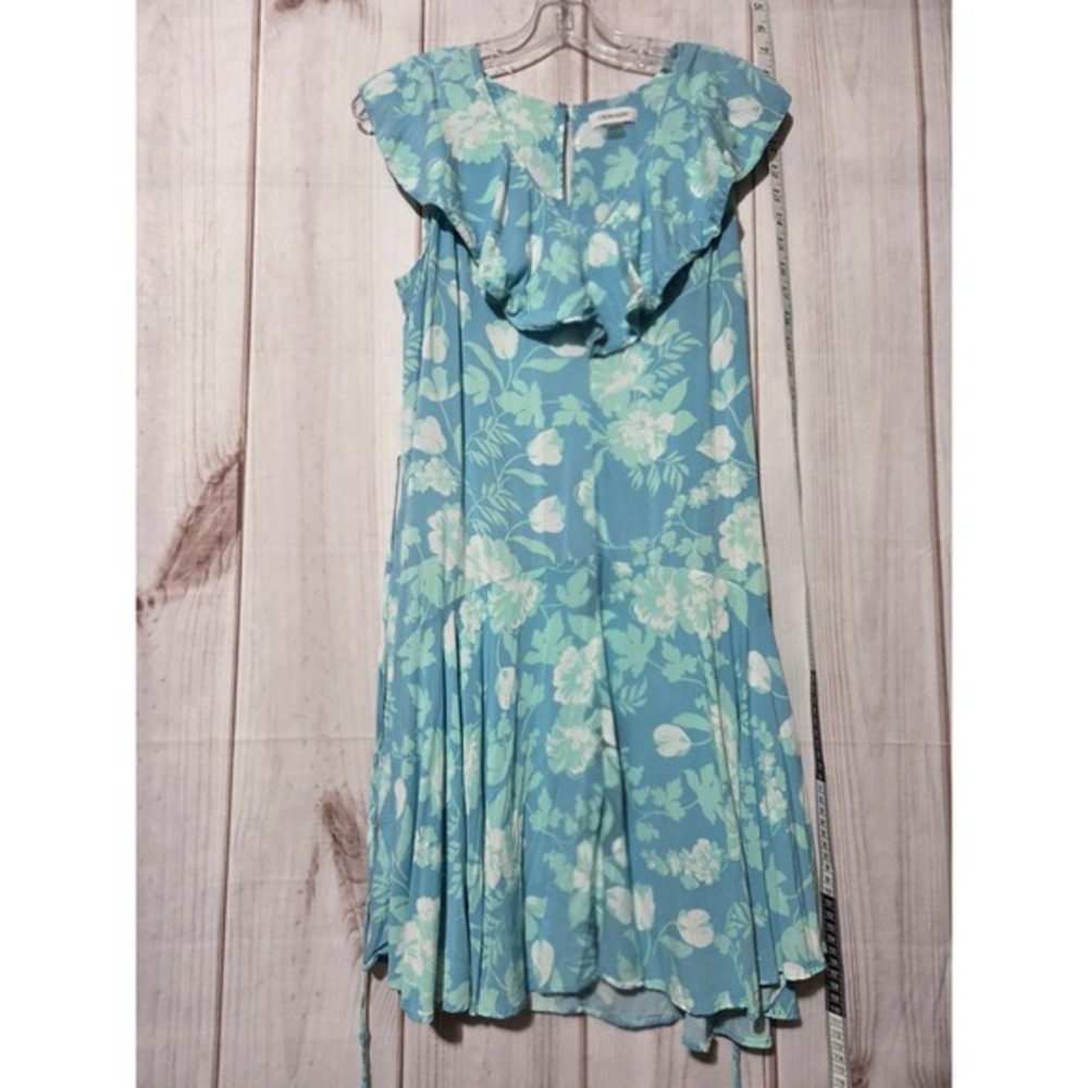 Ladies‎ 8 Calvin Klein Floral Ruffle V Neck Sleeveless Dress Aqua Blue Summer